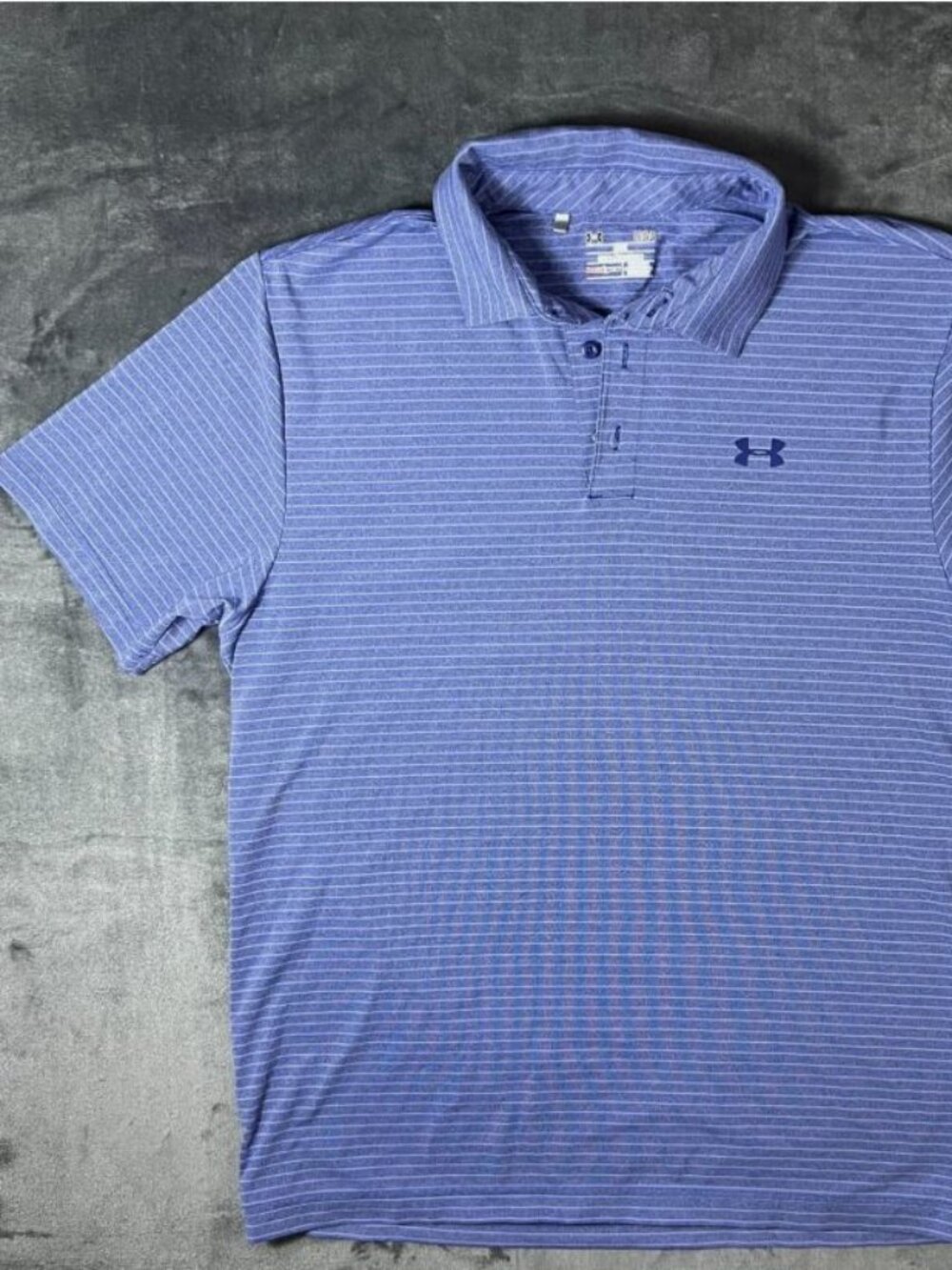 Under Armour Heatgear Performance Polo Mens L Blue Striped Loose Short Sleeve